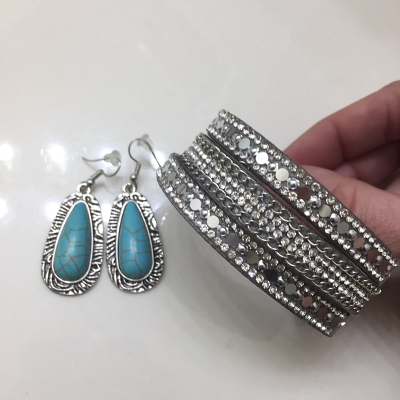 Turquoise Earrings and Silver Wrap Bracelet - Picture 1 of 3